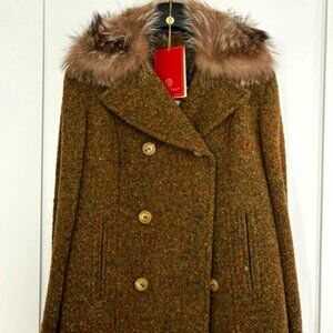 Cole Haan Vintage Tweed Wool Peacoat With Raccoon Fur Trim Collar Sz XS